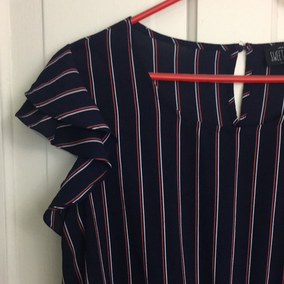 Sweet Wanderer Navy Pinstripe Flutter Sleeve Top - Picture 2 of 11
